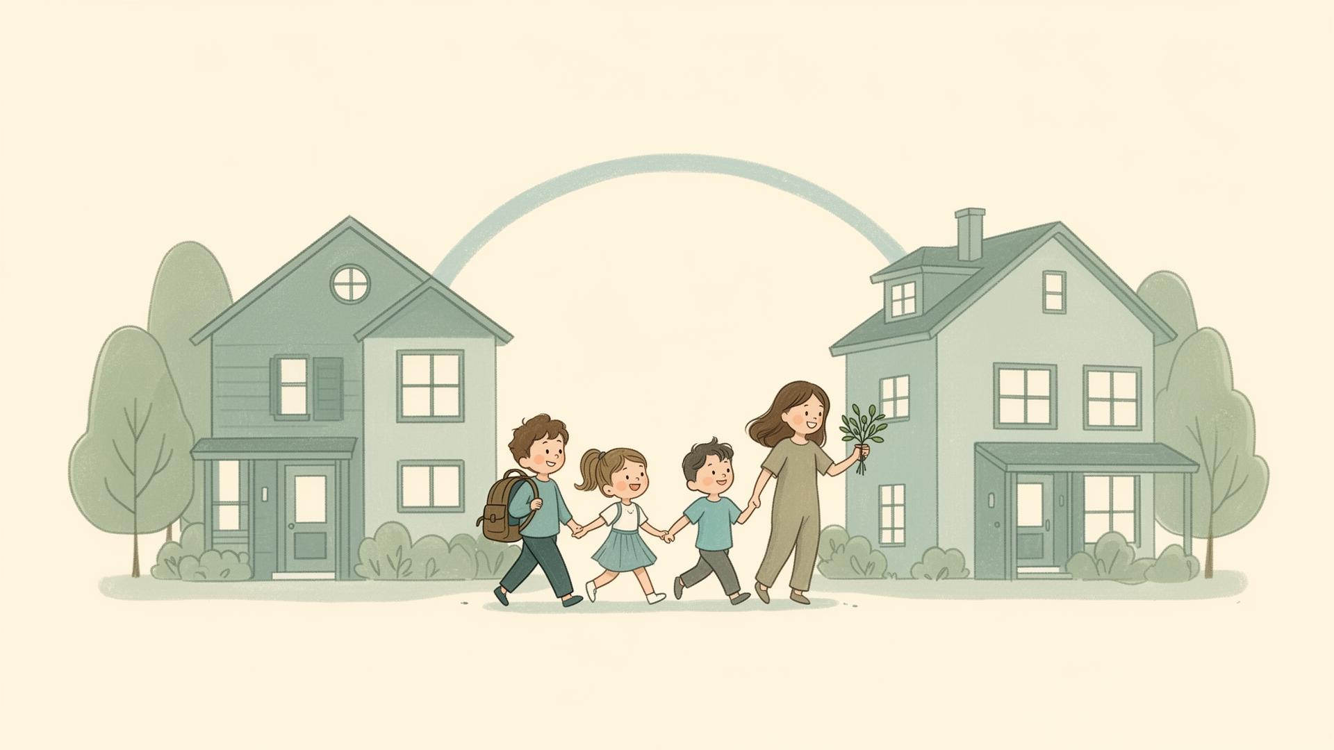 Two homes connected with children moving peacefully between them